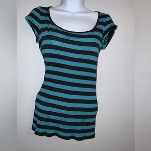 Express Teal/Black Striped Sexy Basic Tee - Fitted - Sz S